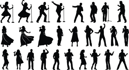 Silhouette set of diverse singers performing with microphones in various poses for music, concert, stage, entertainment, and artistic vector design