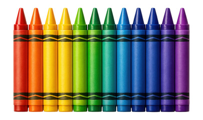 Colorful wax crayons lined up, showcasing a rainbow-like color range.