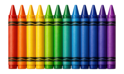 Colorful wax crayons lined up, showcasing a rainbow-like color range.