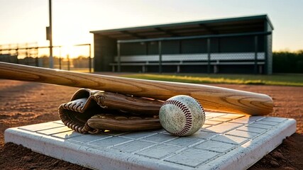 Baseball Equipment on Home Plate at Sunset Captures the Essence of American Sport - Powered by Adobe