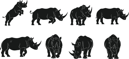 Rhinoceros wildlife silhouettes collection featuring standing walking grazing charging poses, horned animal vector illustration set for nature conservation design projects