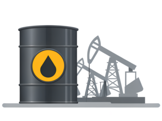 Oil barrel and silhouettes of oil drilling derricks. Illustration on transparent background