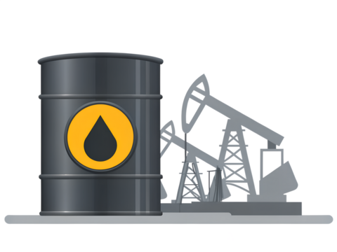 Oil barrel and silhouettes of oil drilling derricks. Illustration on transparent background