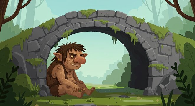Cartoon Troll Sitting Under Stone Bridge in Grassy Forest Scene