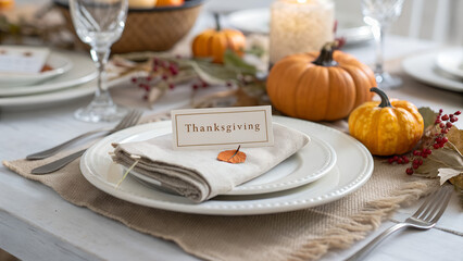Elegant Thanksgiving table setting with white plates, napkins, pumpkins, candles and holiday card perfect for seasonal invitations, dinner promotions and festive event visuals