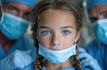 Close-up of an American child in blue scrubs getting their teeth examined by dentist doctors wearing surgical masks and gloves