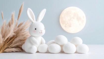 白いうさぎが満月を背景に、すすきと一緒に積み上げられた月見団子の横に座る、秋の十五夜やお月見をイメージした幻想的で可愛いイラスト