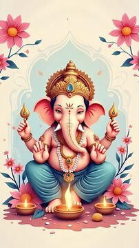 A detailed vector illustration of Lord Ganesha idol in pastel colors, surrounded by floral garlands, incense smoke, and diyas, minimalist flat art style, festive background.

