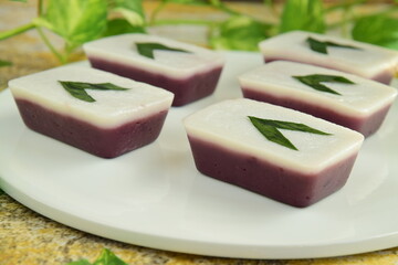 
Indonesian traditional cake Kue Talam Ubi Ungu served on a plate. It is made of a rice flour, coconut milk and other ingredients, garnish with pandan leaves. Indonesian dessert