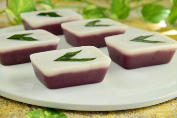 
Indonesian traditional cake Kue Talam Ubi Ungu served on a plate. It is made of a rice flour, coconut milk and other ingredients, garnish with pandan leaves. Indonesian dessert