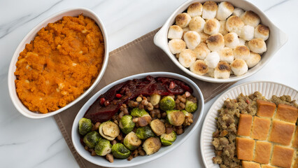 Fototapeta premium Traditional Thanksgiving side dishes including sweet potatoes with marshmallows, Brussels sprouts, cranberry sauce and cornbread served in bowls perfect for holiday meal visuals and seasonal cuisine