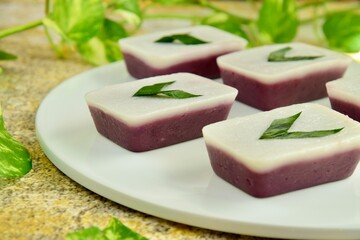 
Indonesian traditional cake Kue Talam Ubi Ungu served on a plate. It is made of a rice flour, coconut milk and other ingredients, garnish with pandan leaves. Indonesian dessert