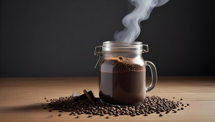 Steaming hot coffee in a mason jar with coffee beans, ready to drink.
