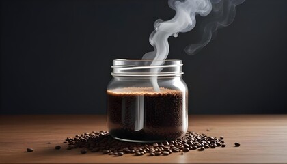 Aromatic coffee beans in a glass jar releasing steam on a wooden table