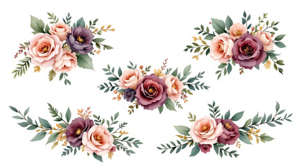 Watercolor Rose and Peony Floral Arrangements Set Isolated on Transparent Background


