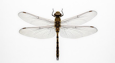 Detailed Dragonfly Close-Up: Intricate Wing Veins and Segmented Body on White Background