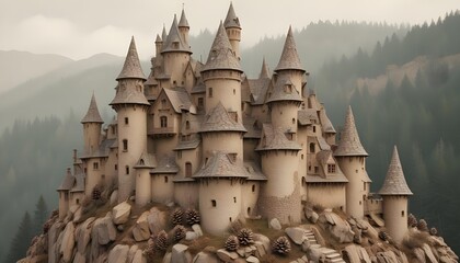 The stunning castle is set on a mountain, enveloped by the misty forest in a fantasy setting.