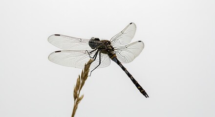 Detailed Dragonfly Perched on a Blade of Grass Against a White Background