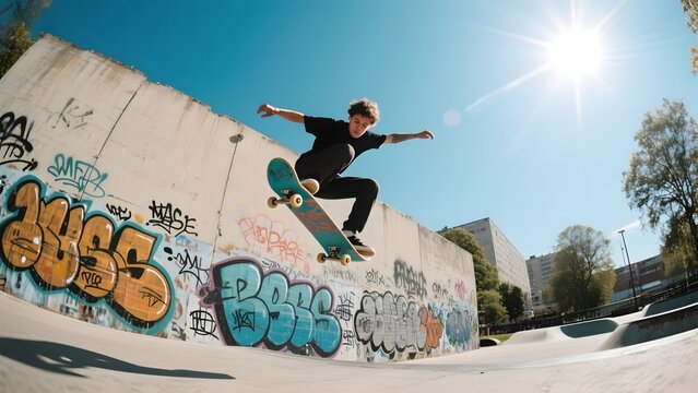 Skateboarder performing a trick on a graffiti-covered wall under bright sunlight