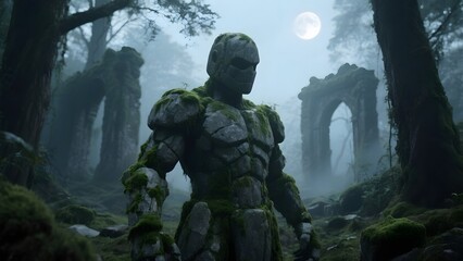 Fototapeta premium Moss-Covered Armored Figure Standing in a Misty, Ancient Forest with Ruins