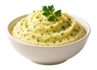 Creamy mashed potatoes with herbs and parsley in a white bowl.