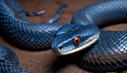 Obraz premium A mesmerizing blue snake with intense red eyes, captured in a close-up shot.