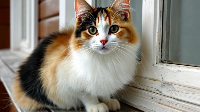 Fluffy calico cat relaxing on a window sill, enjoying the view outside on a sunny day in a cozy home environment