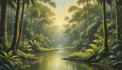 Naklejka premium A stunning view of a tropical rainforest, with a river meandering through the lush landscape.