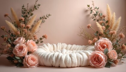 Soft studio backdrop featuring white knitted nest surrounded by delicate pink roses, pampas grass, eucalyptus. Serene scene perfect for newborn photography, child portraits, maternity shoots. Gentle