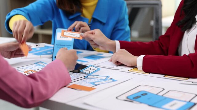 User experience and user interface designers collaborate on a project, arranging paper prototypes on a table to enhance mobile app usability.