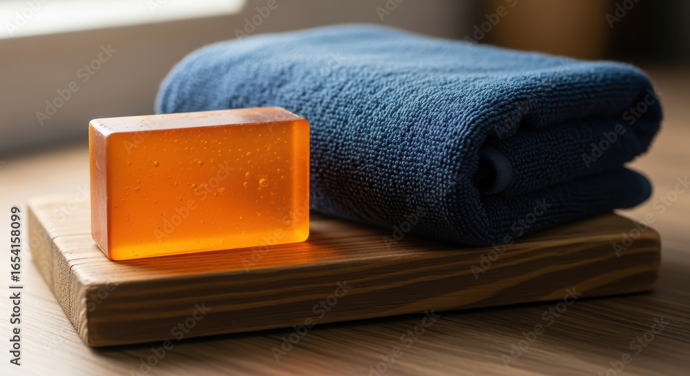 Poster orange soap bar placed on a wooden tray beside a neatly folded blue towel, creating a serene and inv