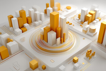 Abstract 3D cityscape with golden and white bar graphs representing data analytics and futuristic technology visualization