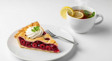 Cherry pie slice with whipped cream and mint garnish on a white plate, accompanied by a steaming cup of tea with lemon, creating a cozy dessert scene