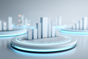Futuristic analytics panel with floating bar graphs and glowing blue circular interface showing data visualization and digital