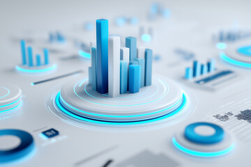 Digital analytics panel with floating blue bar graphs and glowing circular interface elements showing data visualization