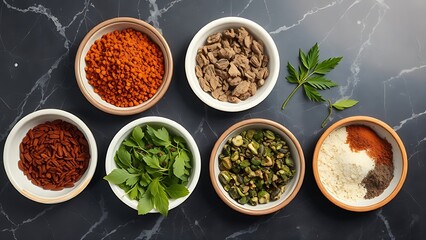 An artistic arrangement of dried herbs and spices in small bowls on a dark marble surface.
