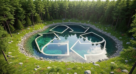 Circular recycling symbol illustrated on tranquil water surface surrounded by lush green forest, promoting environmental awareness and sustainability in nature conservation