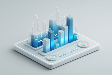 3D futuristic data analytics panel with glowing blue bar graphs and line charts showing dynamic financial trends