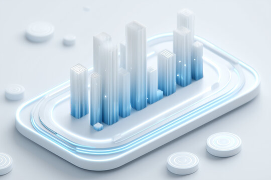 Abstract futuristic cityscape with glowing blue bar graphs and digital data visualization in modern style - Powered by Adobe