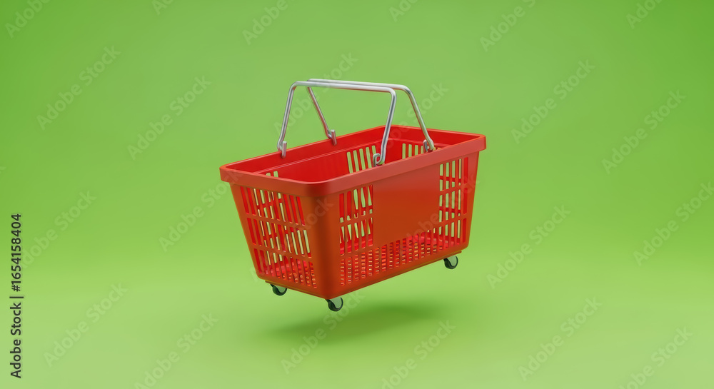 Poster red shopping basket with metal handle is displayed against a vibrant green background, showcasing it