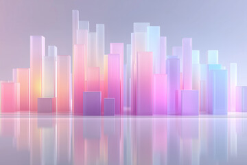 Colorful translucent bar graph with pastel pink and blue tones reflecting on smooth surface, modern data visualization