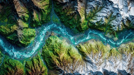 High Angle View Of Winding River Through Mountainous Terrain