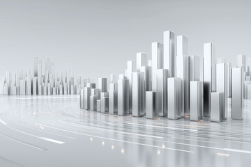 Silver 3D bar graph with circular data lines and floating analytics panel, modern digital data visualization concept