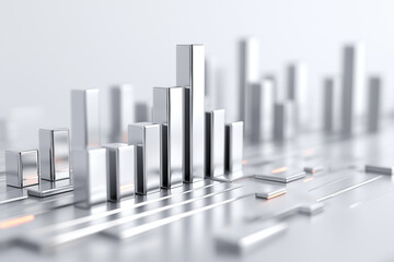 Silver 3D bar graph with floating data bars showing analytics and financial growth in modern digital interface