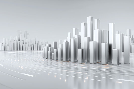 Silver 3D bar graph with circular data lines and floating analytics panel, modern digital data visualization concept
