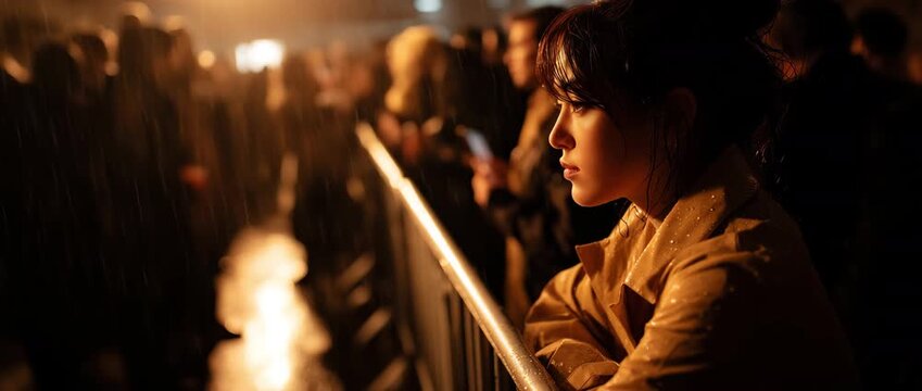 Young woman in trench coat leaning on a concert barrier with warm backlit rain