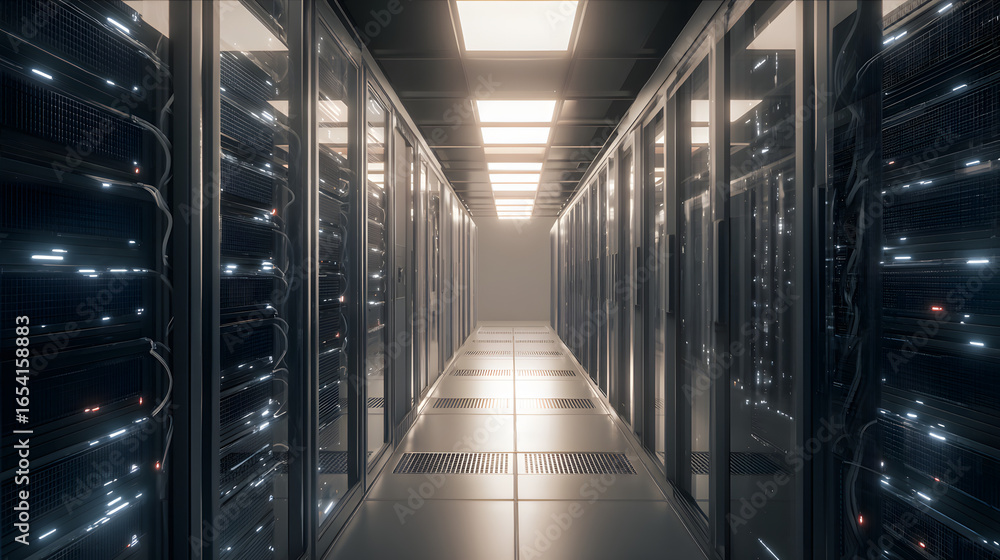 Aufkleber an infinite, futuristic server room bathed in ethereal light with rows of data racks behind glass, p