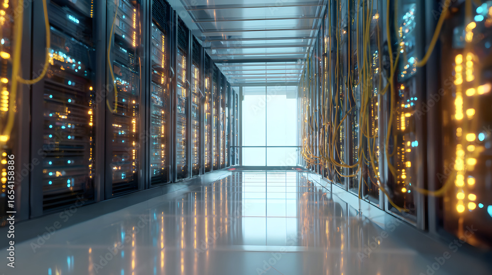 Aufkleber data center: servers and cabling illuminated in a symmetrical corridor, reflecting off the floor. hi