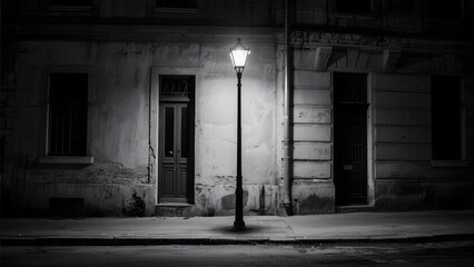 Monochrome street scene featuring a solitary illuminated lamp post against an old building facade at night