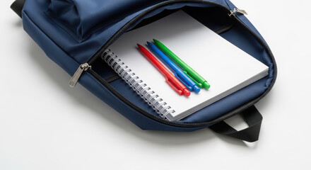 Open navy backpack revealing a spiral notebook and colorful pens, showcasing school supplies organized neatly for educational purposes and creative activities